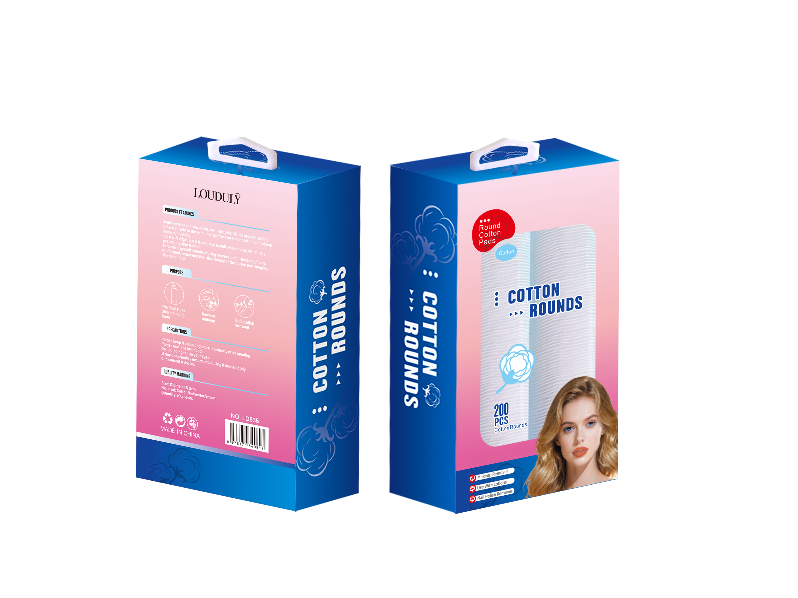 LD835 Round Cotton Makeup Pad Color Box English Packaging